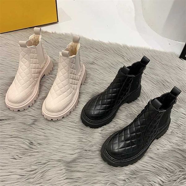 

shoes woman martin boots non-slip snow boots women raise the bottom warm with velvet short lattice luxury designer beige black 211103