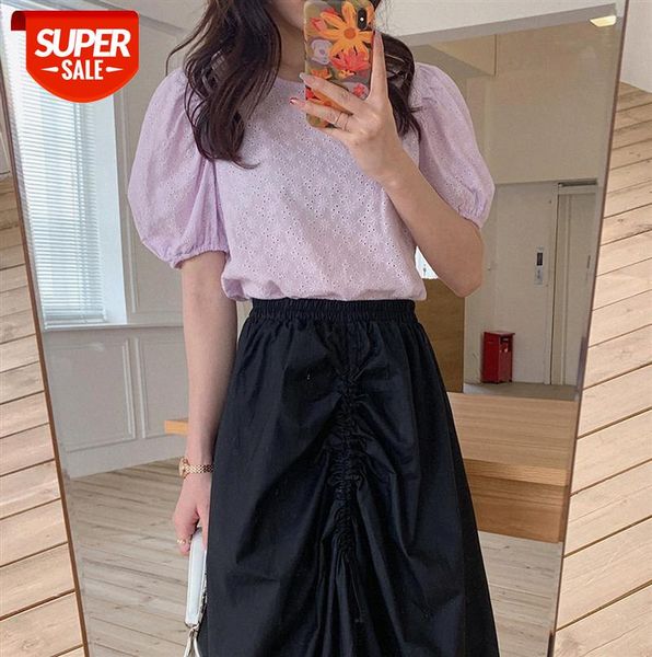 

[ou fan] 7215 puff sleeve round neck blouse women's short-sleeved shirt with careful design #un6x, Black;gray