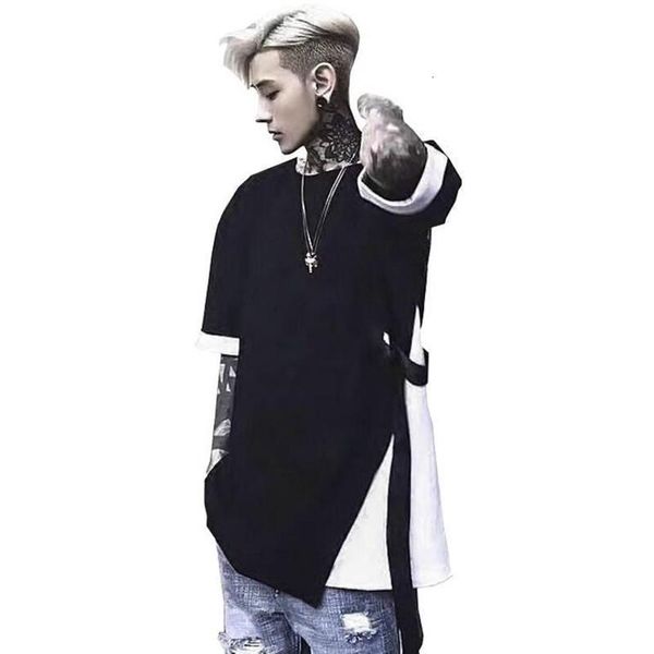 

white men patchwork black punk t shirt irregular fake two piece ribbon women hip hop oversized tee shirts stage costume, White;black
