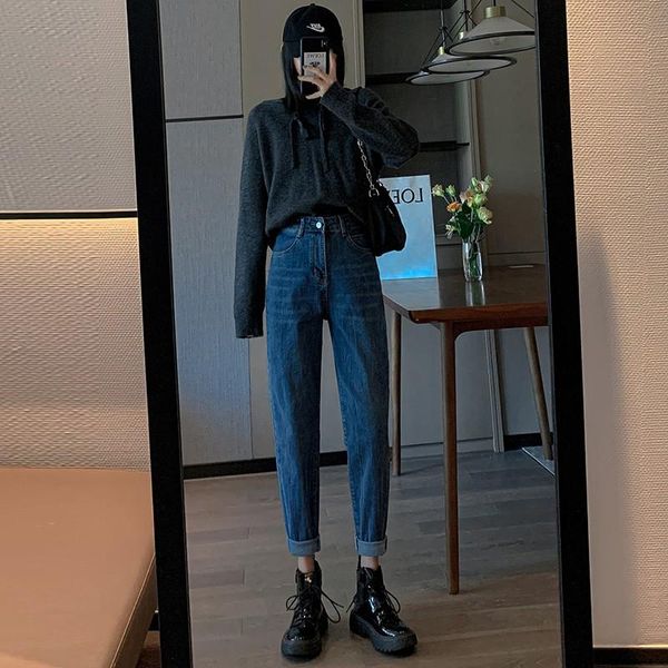 

women's jeans guuzyuviz winter warm velvet mom high waist thicken plush harem pants denim plus size loose casual korean vaqueros mujer, Blue