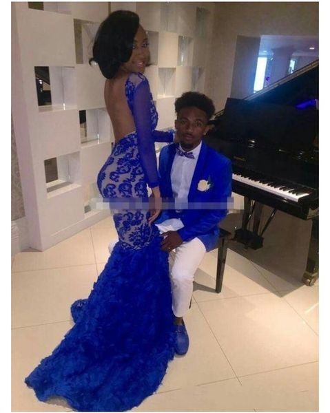 

black girl royal blue lace prom evening dresses mermaid bateau backless illusion flower skirt long sleeves formal prom gowns arabic, Black;red