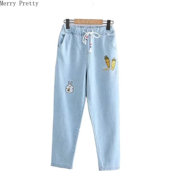 

women high waist jeans cartoon embroidery straight pant with pockets loose ripped blue ladies trousers denim mujer women's