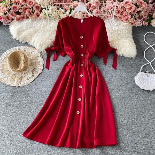 

casual dresses 2021 v-neck summer dress vintage short sleeve red a-line mid-calf beach bohemian women sundress vestidos, Black;gray