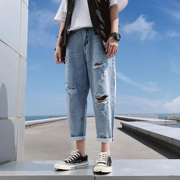 

men's jeans spring student men ankle-length pants slim ripped casual male pencil, Blue