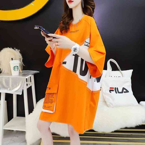 

4938 black orange streetwear women dress t shirt spliced color harajuku big pockets cotton short sleeves, Black;gray