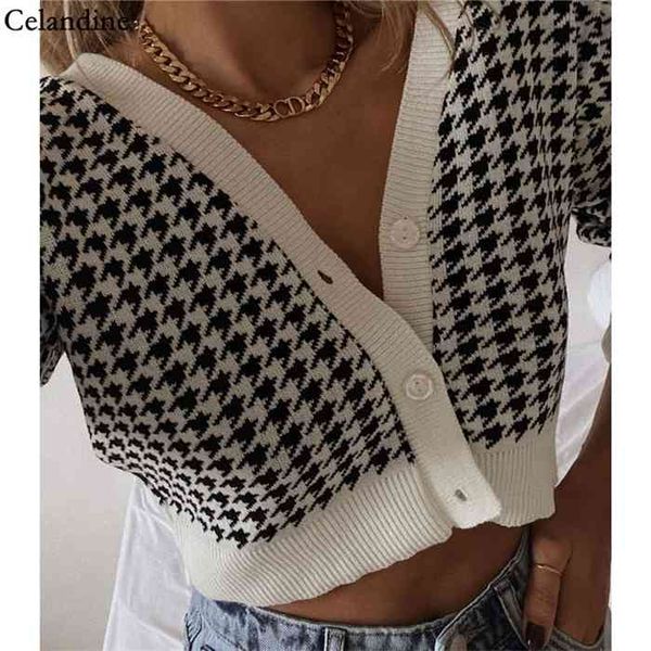 

celandine autumn winter fashion houndstooth knitted sweater cardigan women long sleeve v neck short sweaters ladies 2021, White;black