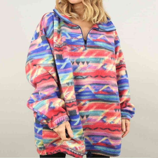 

women's hoodies & sweatshirts red blue geometry oversized female sweatshirt vintage zip up turtleneck teen winter streetwear feminine p, Black
