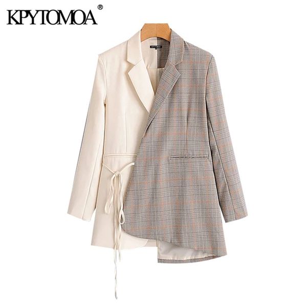 

women fashion patchwork check asymmetric blazer coat vintage long sleeve tied belt female outerwear chic 210420, White;black