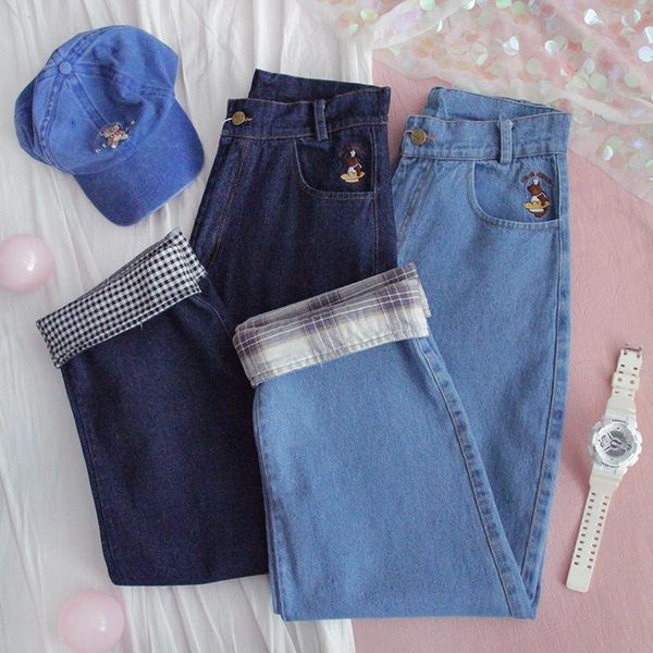 

women's jeans spring autumn loose sweet nine pants young girl casual student cartoon embroidery soft sister straight preppy style, Blue