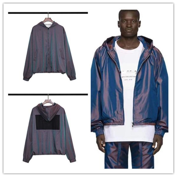 

men's jackets high street trendy brand laser purple patch print hooded jacket women's loose large size zipper hip hop windbreaker, Black;brown