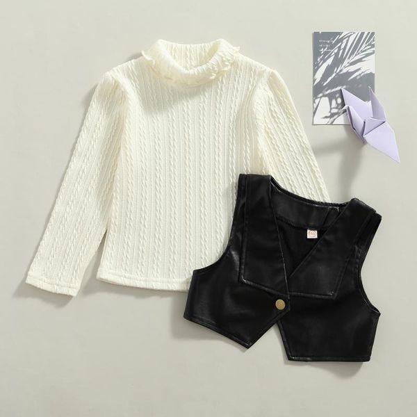 

clothing sets fashion winter fall toddler little girls t-shirt vest set solid color long sleeve turtleneck knitted with leather, White