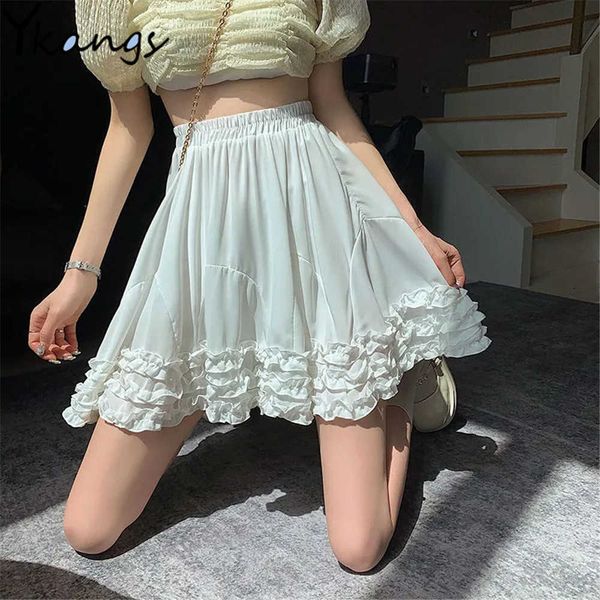 

ruffled short pleated skirt women solid white high waist mini a-word skirt summer korean fashion casual mini skirt streetwear 210619, Black