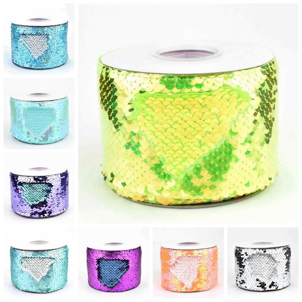 

75mm 3 inch colorful spangle fabric reversible glitter sequin ribbon 25yards/roll, Pink;blue