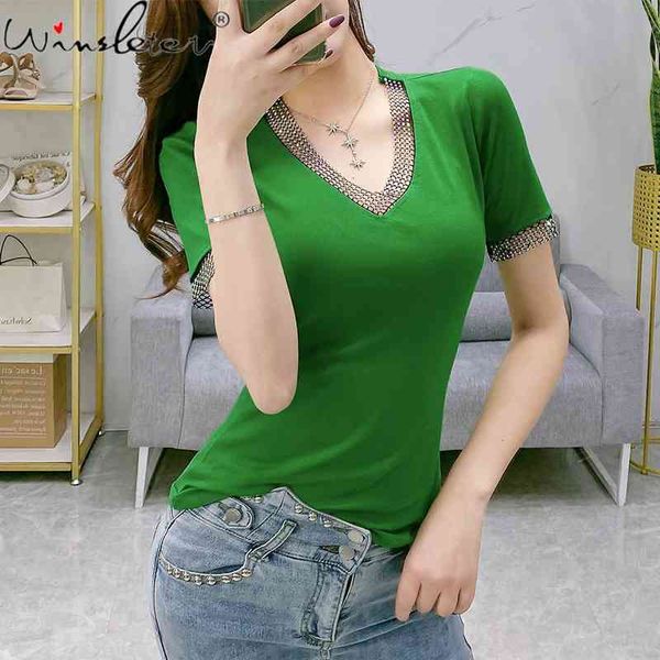 

women's t-shirt summer korean clothes cotton v-neck patchwork shiny diamonds women casual bottoming shirt tees t13313a 6, White