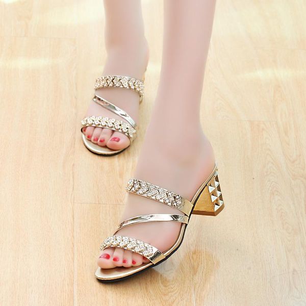 

slippers charming genuine leather high-heeled rhinestone sandals slipeprs 2021 spring summer women's diamond open toe shoes, Black