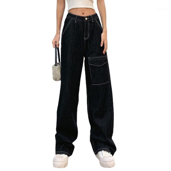

women's pants & capris casual loose work clothes straight pants, fashionable medium waist fit jeans, with flap pockets, Black;white