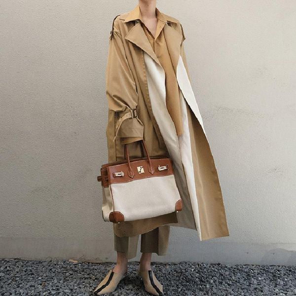 

women's trench coats [ewq] minimalist color contrast women autumn coat lapel long sleeve patchwork straight overcoat windbreaker female, Tan;black