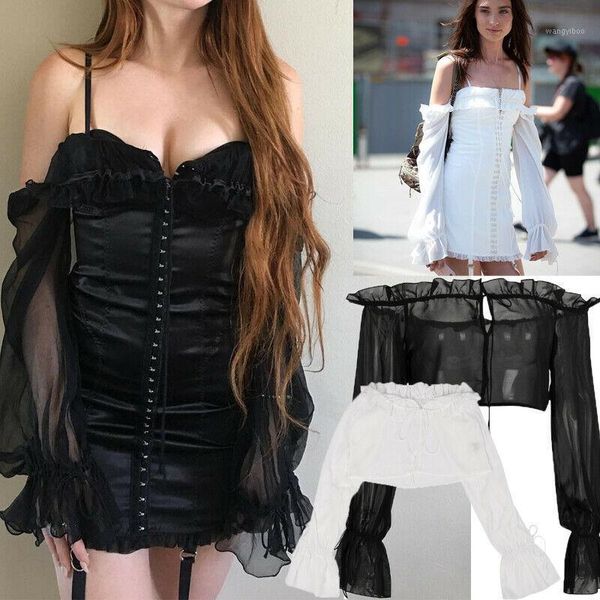 

style women blouses pure color off shoulder lace tube ruffles blouse strapless bandeau crop short fashion 2021 women's & shirts, White