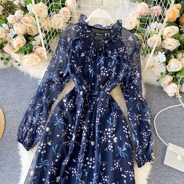 

ly varey lin spring elegant puff sleeve ruffles hem lace up o neck print women dresses high waist blue ladies party 210526, Black;gray