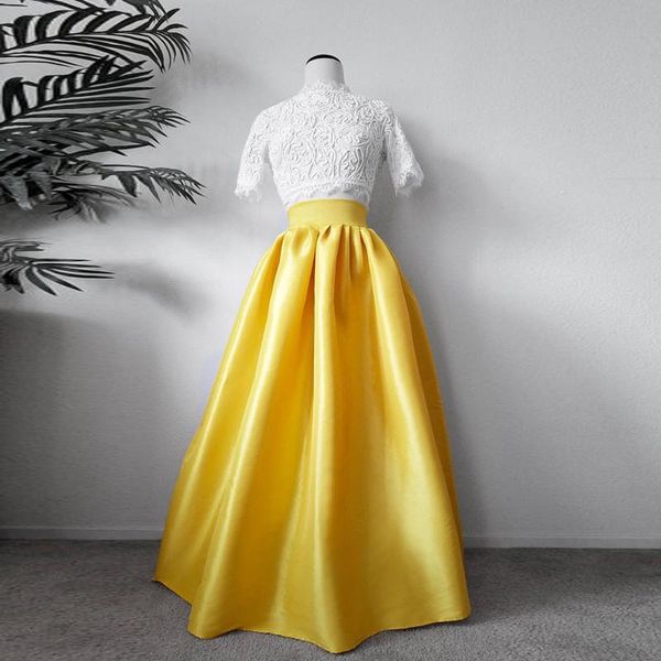 

bright yellow long skirts for women satin formal wear party skirt high waist fashion pleated jupe longue, Black