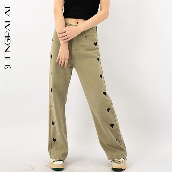 Army Green Love Pattern Jeans Donna Estate Vita alta Pantaloni larghi in denim dritto sottile Moda femminile 5E325 210427