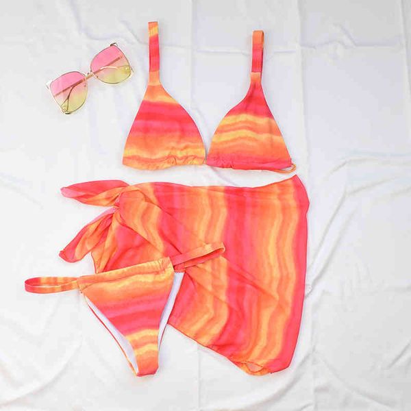 

mesh sarong bralette print women swimwear female swimsuit three-pieces bikini set bather bathing suit swim lady bcc31by
