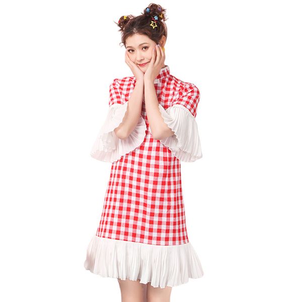 

mori girl women's summer vintage cheongsam chinese style chiffon splice es sweet red white plaid mini, Black;gray