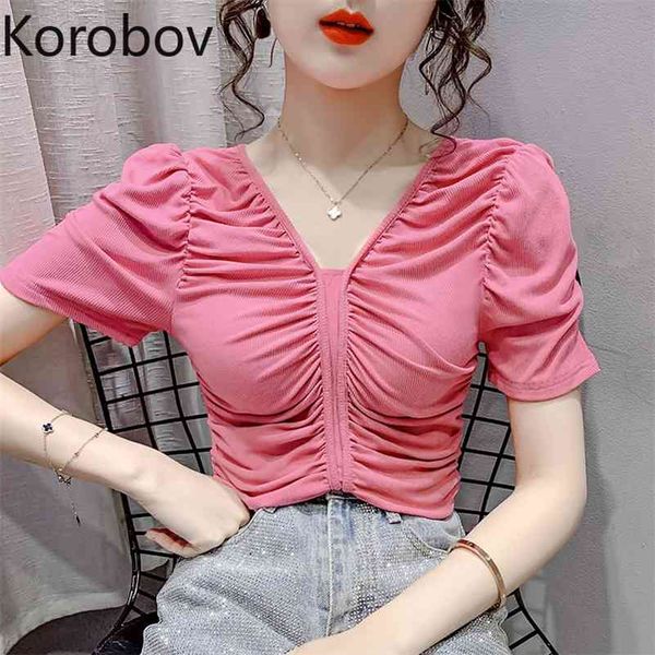 

korobov new summer solid v neck short sleeve t shirts korean elegant chic ruched t shirt office lady fashion tee 210430, White