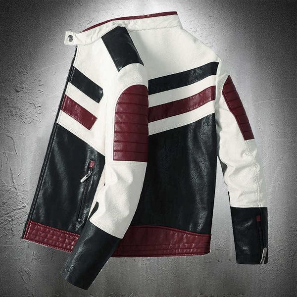 

fashion leather jacket men arrival pu artificial leather motorcycle jacket men stylish biker coat patckwork slim fit autumn 210928, Black