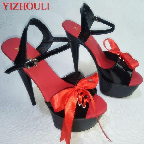 

promotion sweet princess style 15cm open toe high heel platform shoes 6 inch dance red strappy sandals, Black