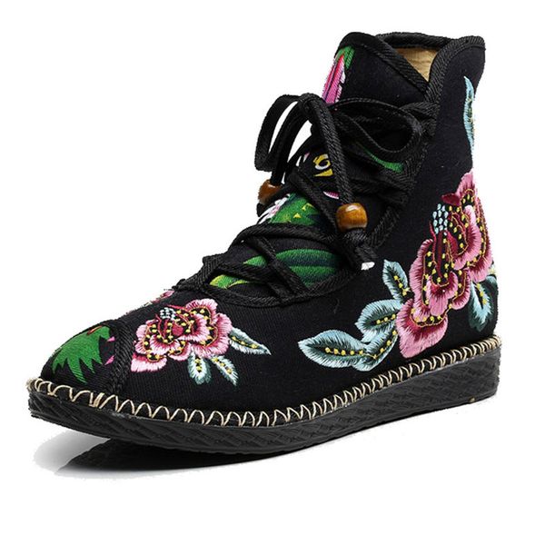 

autumn winter chinese women boots flower embroidered ethnic lace up shoes woman snow booties botas mujer maziao zdyx, Black