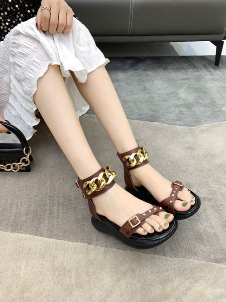 

2022 women genuine leather sandals gladiator ladies metal chain decoration summber beach flat heel sandal slipper flip flop with box 35-40, Black