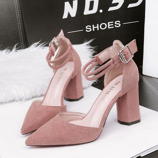 

summer high heels pointed toe pumps women fashion buckle strap block sandals woman shallow elegant ladies shoes dress, Black