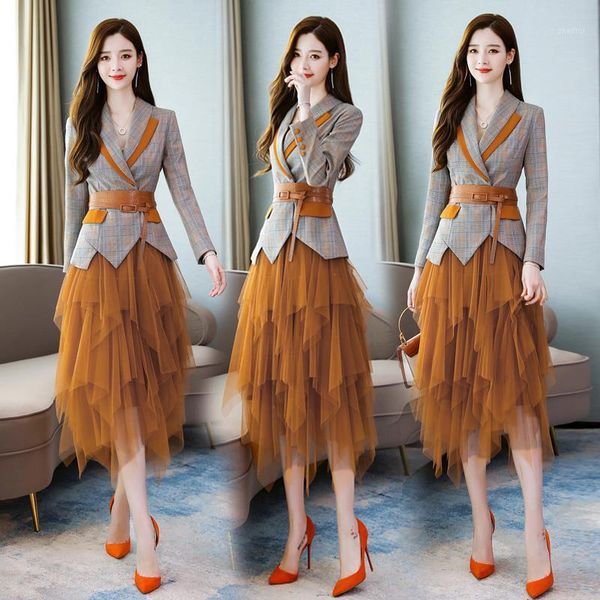 

two piece dress 2021 women's blazer sets spring & autumn elegant pieces mesh suits ladies long sleeved plaid coat with skirts, White