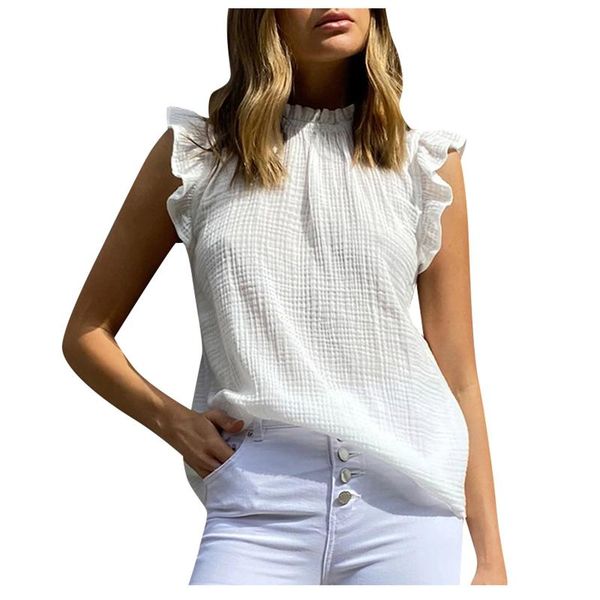 

fashion all-match women t-shirt solid o-neck ruffled vest t shirt sleeveless casual tee summer office lady female blusas women's, White