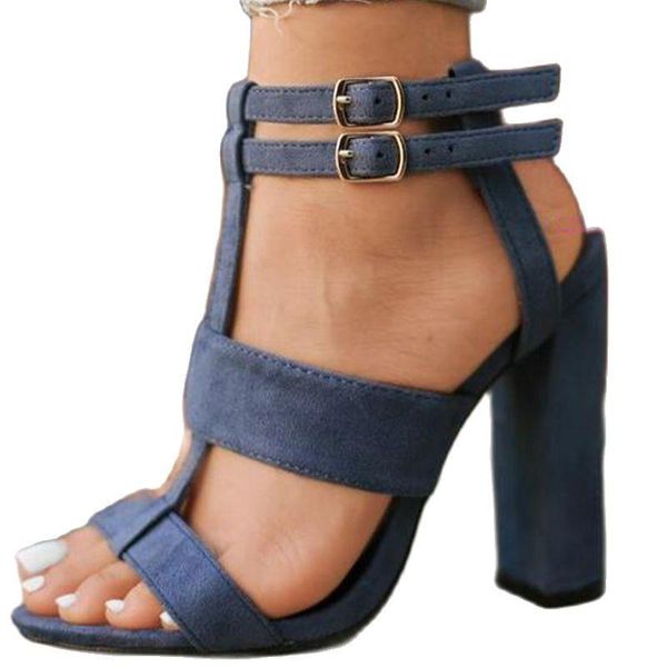 

sandals thick heel buckle strap ankle peep toe gladiator blue suede high summer fashion women shoes, Black