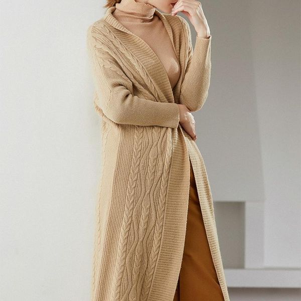 

women's trench coats long coat in autumn and winter, thickened yak hair, Tan;black
