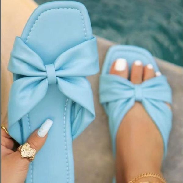 

slippers women's shoes 2021 summer sandals style flat bow outer wear square toe beach ladies large size, Black