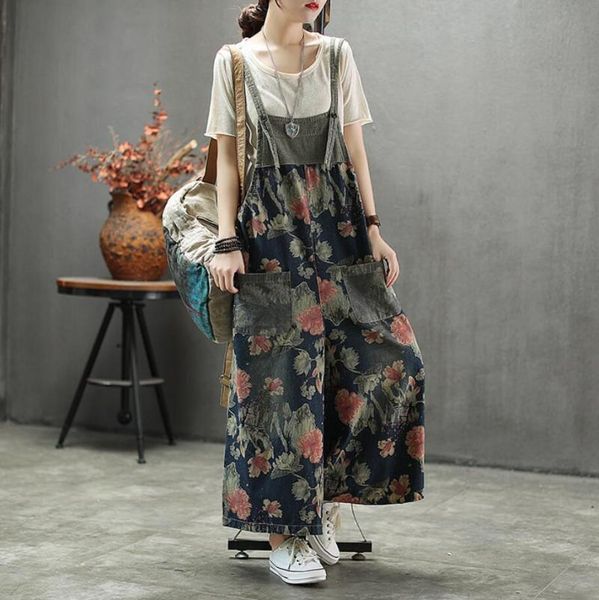 

women's jumpsuits & rompers denim large size loose casual 2021 ladies retro print flower pocket overalls r199, Black;white