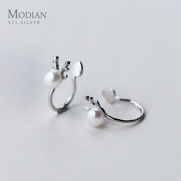 

simple fashion deer natural pearl cute clip earrings charm 925 sterling silver round jewelry for women fine 210707