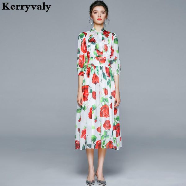 

autumn bow tie printed high waist elegant beach dress vestidos verano 2021 mujer expandable floral party sukienka k8626 casual dresses, Black;gray