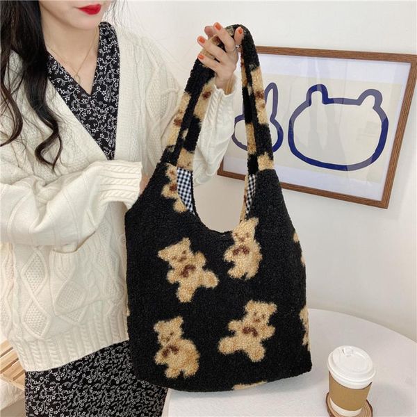 

evening bags 2021 bear handbags large capacity soft shopping girls cute school bag women fabric shoulder tote canvas fluffy