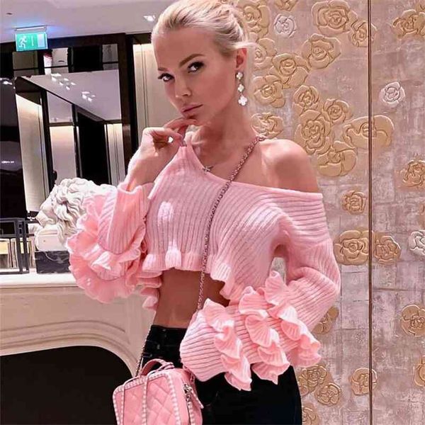 

omsj women's winter fashion pink knit sweater ruffled long sleeve crop jumper female pullover clothes 210517, White;black