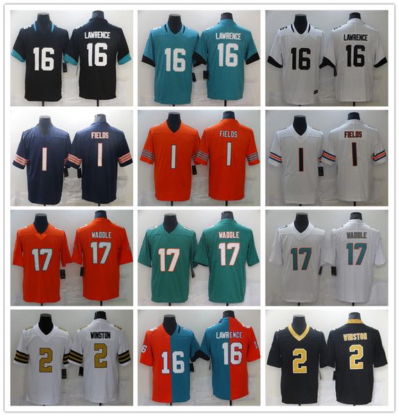

trevor lawrence 16 justin fields 1 football jersey jaylen waddle 17 jameis winston 2 men women youth jaguarsbearsdolphinss, Black;red