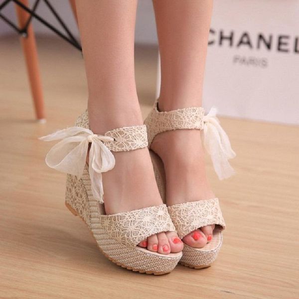 

dress shoes waterproof platform summer style leisure roman elegant bow wedge high heels ladies sandals., Black