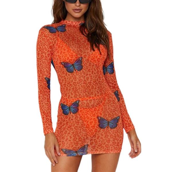 

fashion women's bandage bodycon slim dress mesh see-through long sleeve buttery print mini casual dresses, Black;gray