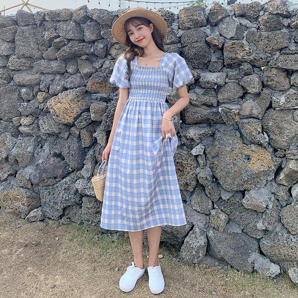

bubble sleeve dress women's shoulder belt a-line casual plaid printing slim elegant fashion chic party dresses, Black;gray