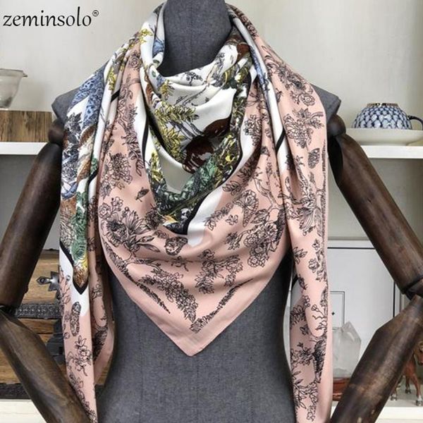 

scarves 100% twill silk scarf women large shawls flowers print stoles square bandana hijab kerchief female foulards 130*130cm, Blue;gray