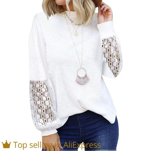 

women's blouses & shirts autumn winter women blouse o-neck long sleeve lace stitching loose sweatershirt blusas feminina verao 2021, White