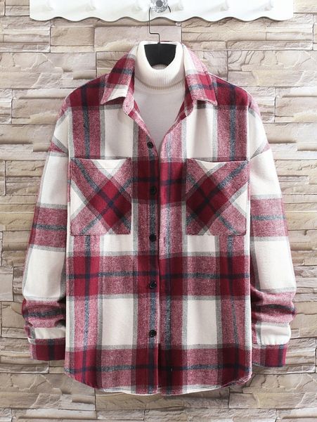

men plaid pocket patched single breasted overcoat f16h#, Black;brown